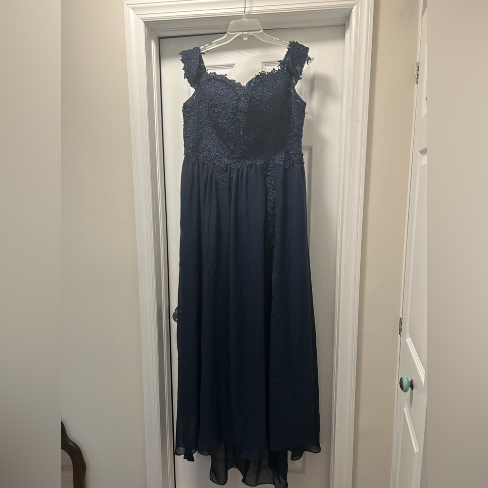 Navy blue, off the shoulder gown. Size 18 with corset back